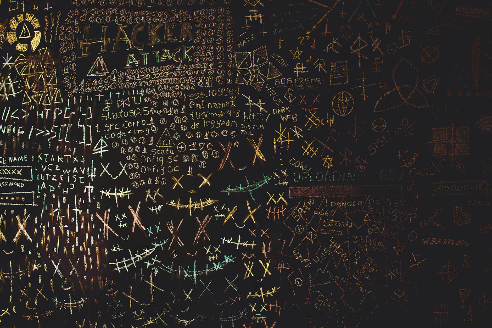 Rysunki na tablicy kredowej symbolizujące atak hakerski i kodowanie