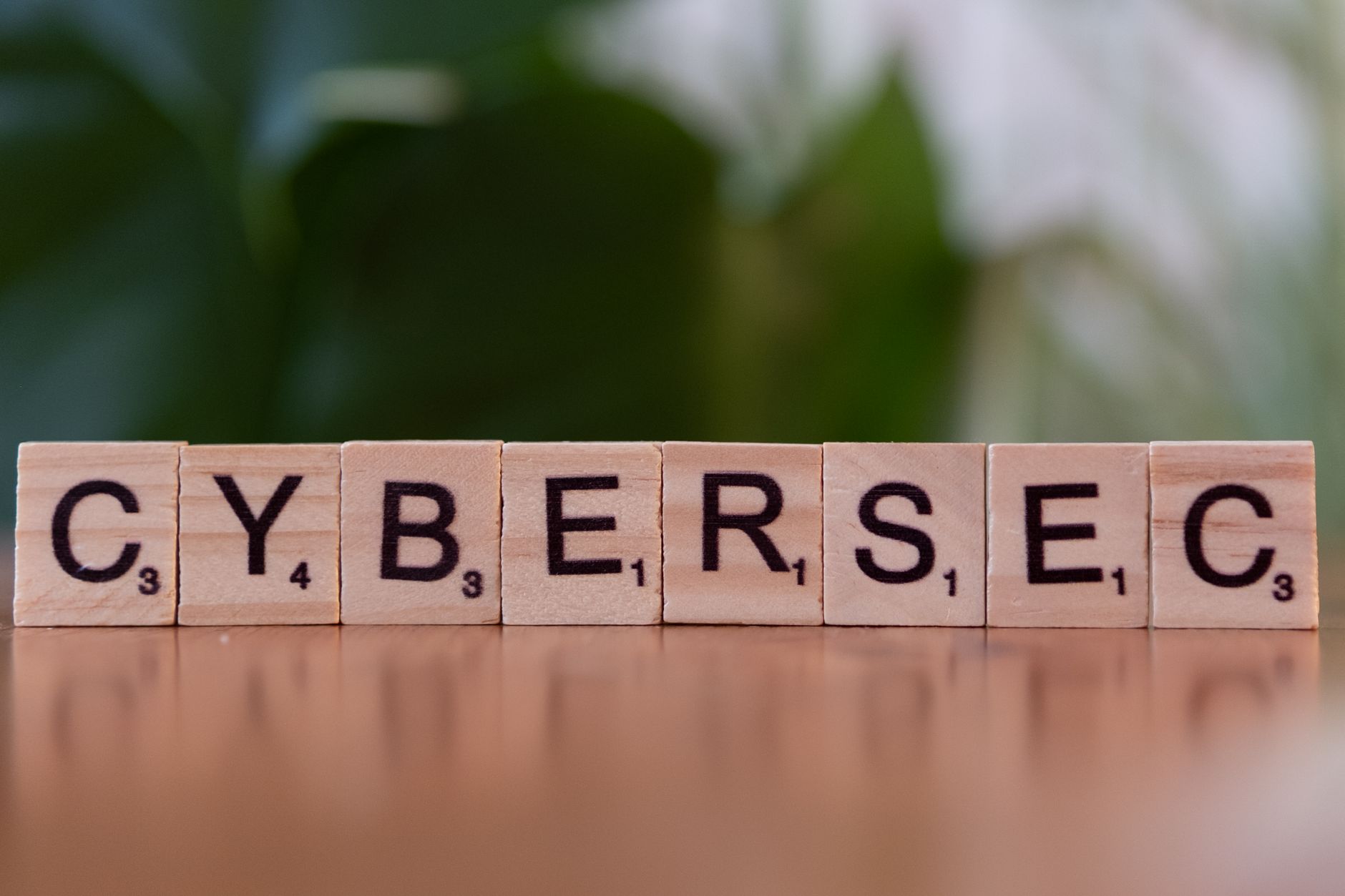 Drewniane klocki z napisem CYBERSEC na zielonym rozmytym tle
